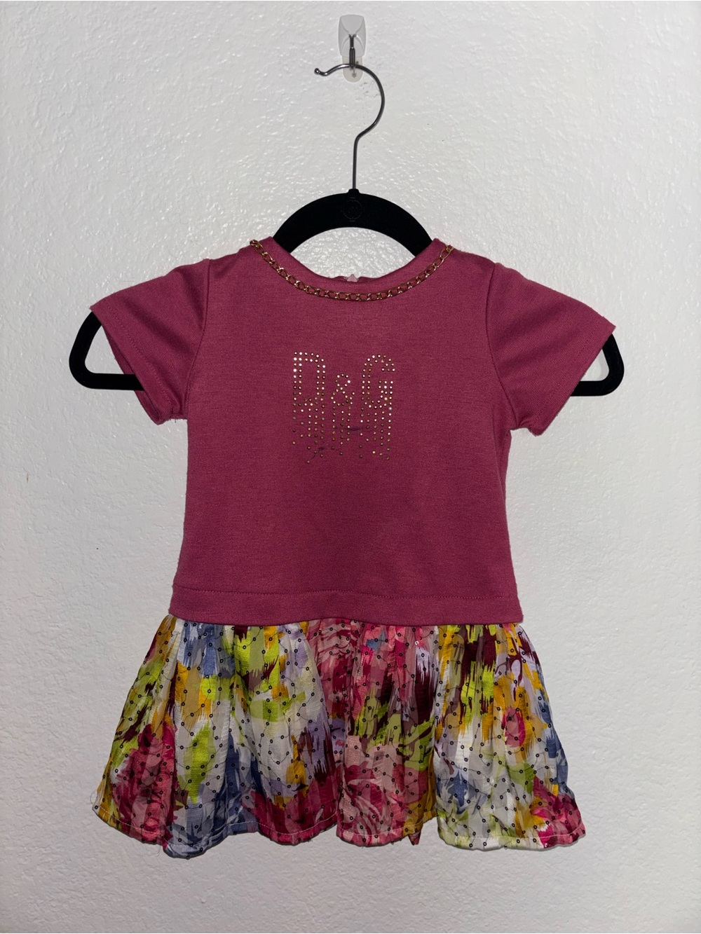Dolce and Gabbana Juniors Pink Short Sleeve Dress with Floral Sequin Skirt